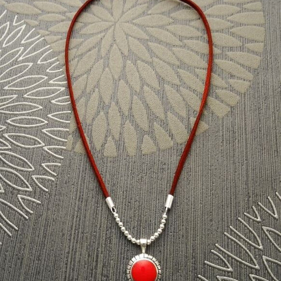 Women's Leather Necklace 925 Silver Bohemian Choker Red Stone Pendant Handmade Jewelry
