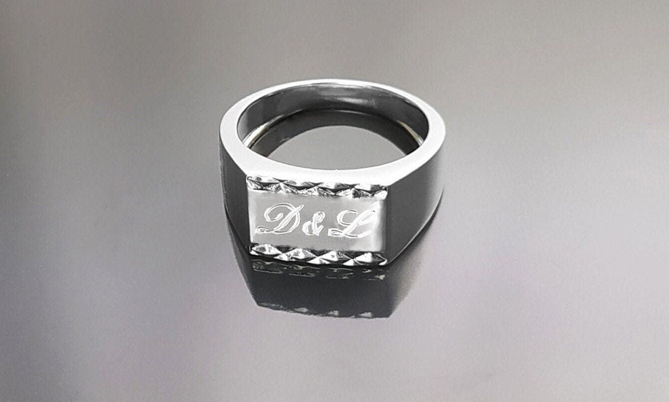 Initials signet ring, sterling silver, rectangle horizontal square ring, personal monogram jewelry, hipster signet ring