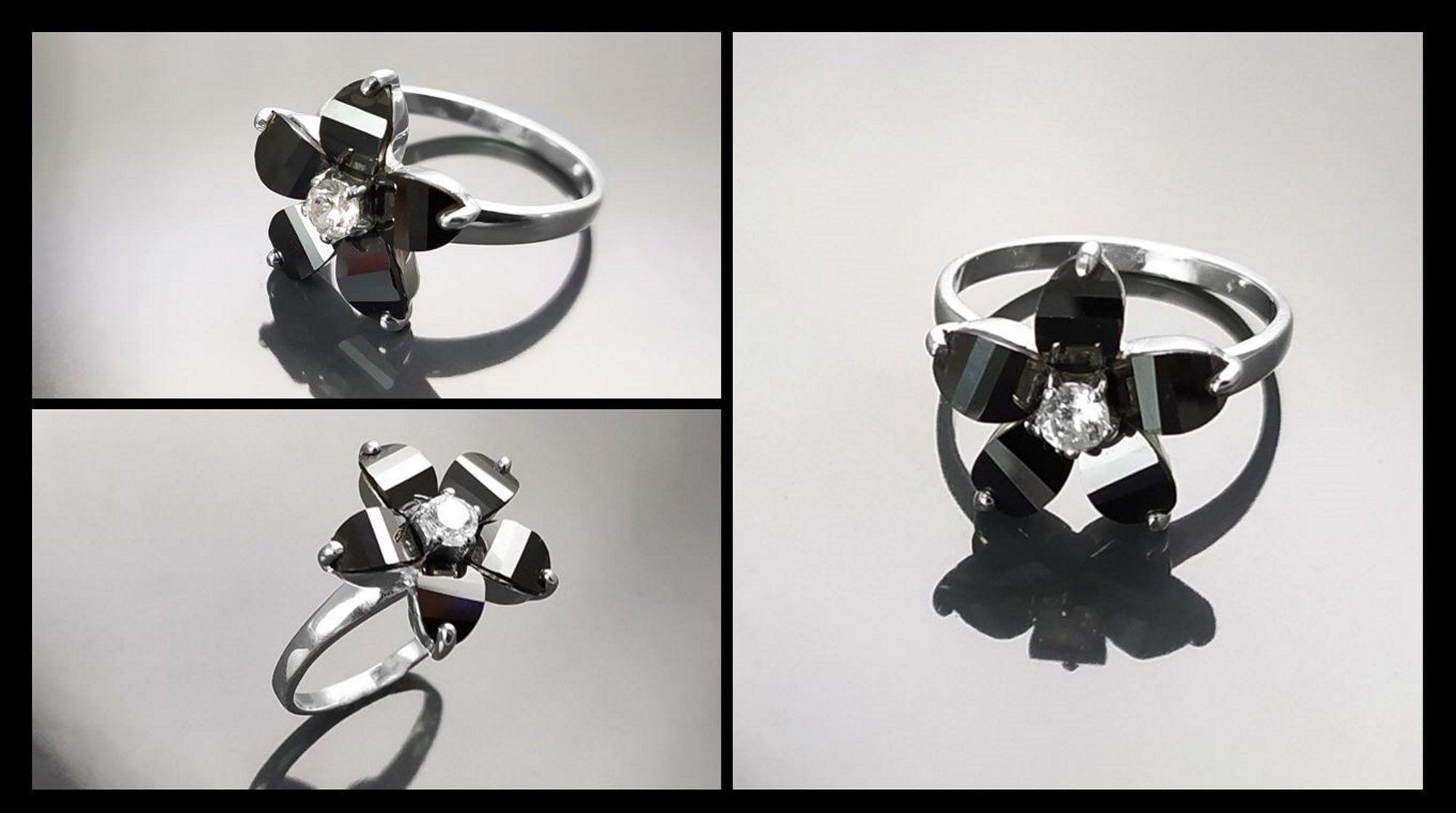 Black Flower Ring, Sterling Silver 925, Black color Zirconias Cz Stones, Bicolor Black and White, Modern Retro Gothic Jewelry