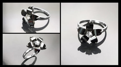 Black Flower Ring, Sterling Silver 925, Black color Zirconias Cz Stones, Bicolor Black and White, Modern Retro Gothic Jewelry