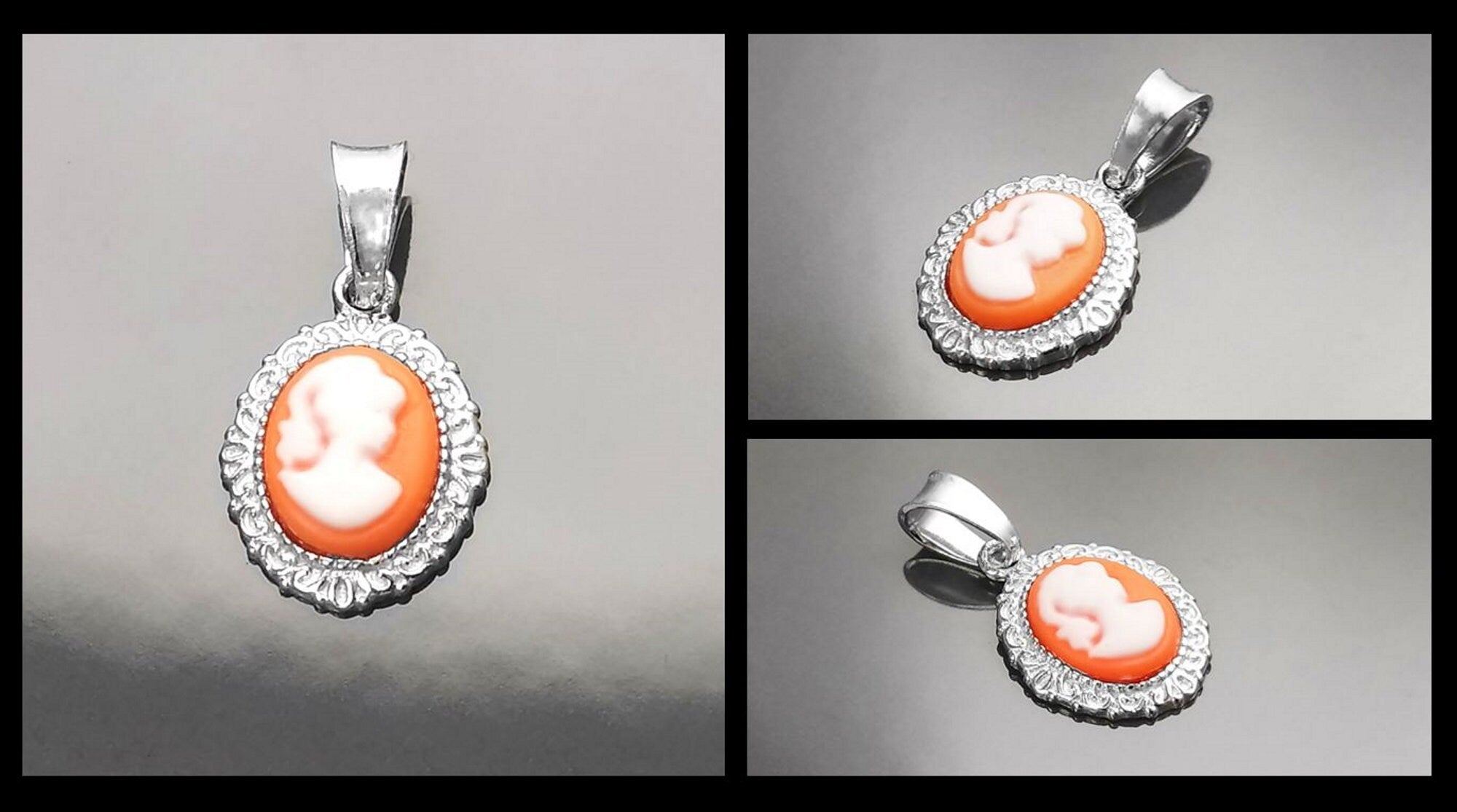 Red Cameo Pendant - Sterling Silver Red and white Resin stone - woman face portrait cameo - Vintage necklace charm - Victorian Jewelry gift