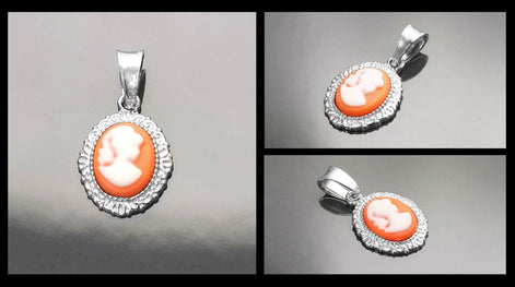Red Cameo Pendant - Sterling Silver Red and white Resin stone - woman face portrait cameo - Vintage necklace charm - Victorian Jewelry gift