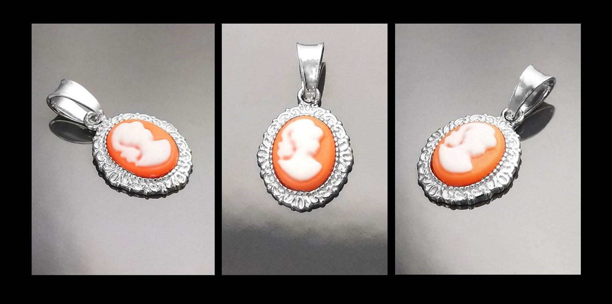 Red Cameo Pendant - Sterling Silver Red and white Resin stone - woman face portrait cameo - Vintage necklace charm - Victorian Jewelry gift