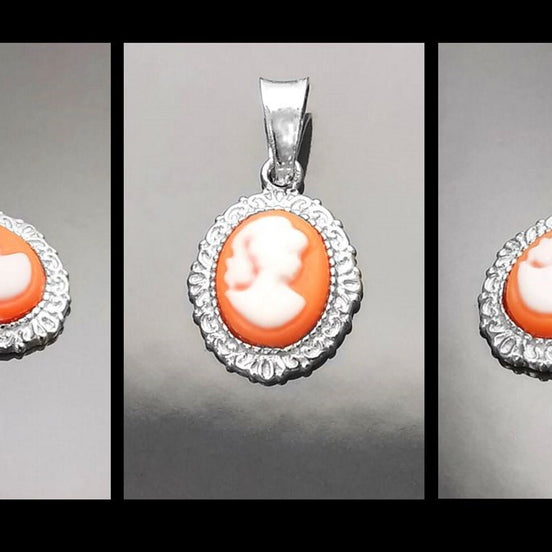Red Cameo Pendant - Sterling Silver Red and white Resin stone - woman face portrait cameo - Vintage necklace charm - Victorian Jewelry gift