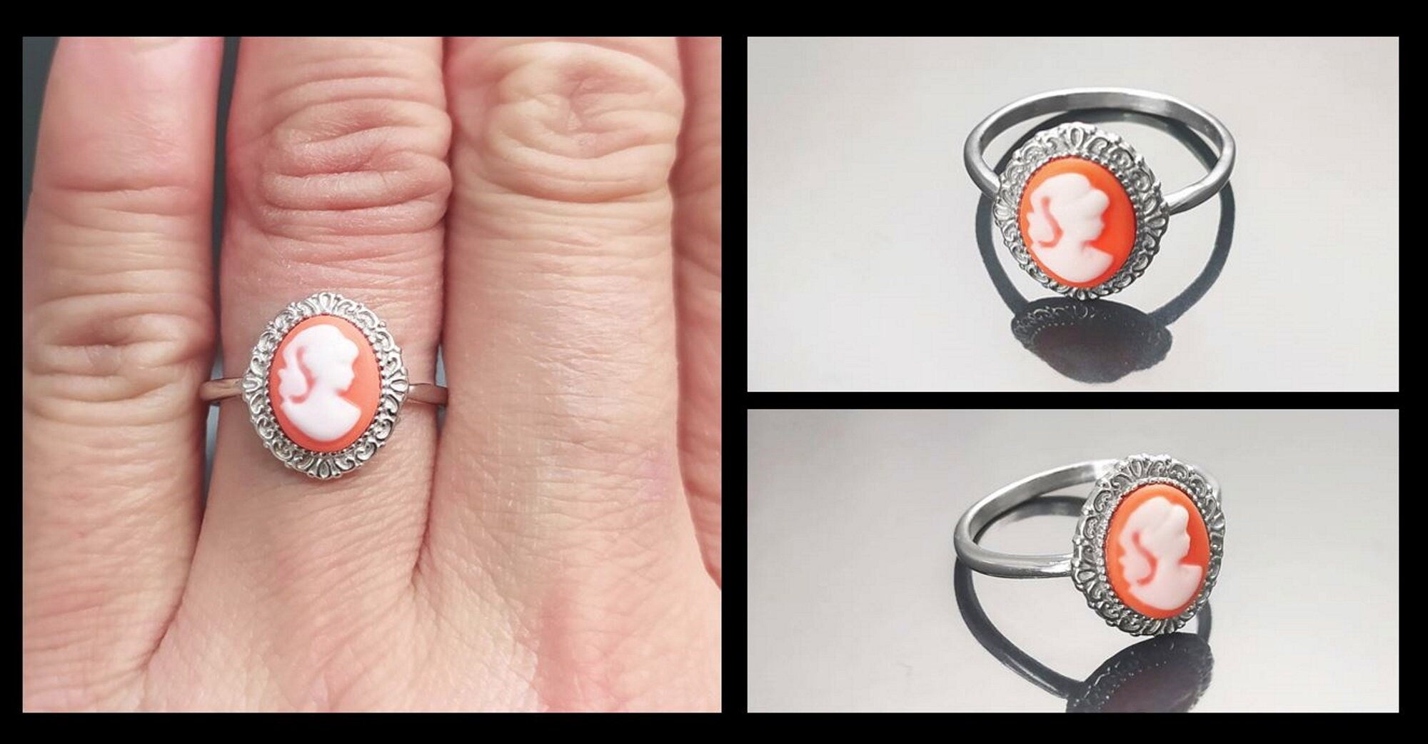 Cameo Ring - Sterling Silver Red and white Resin Stone Cameo - Vintage Victorian Jewelry