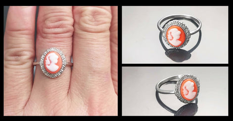Cameo Ring - Sterling Silver Red and white Resin Stone Cameo - Vintage Victorian Jewelry