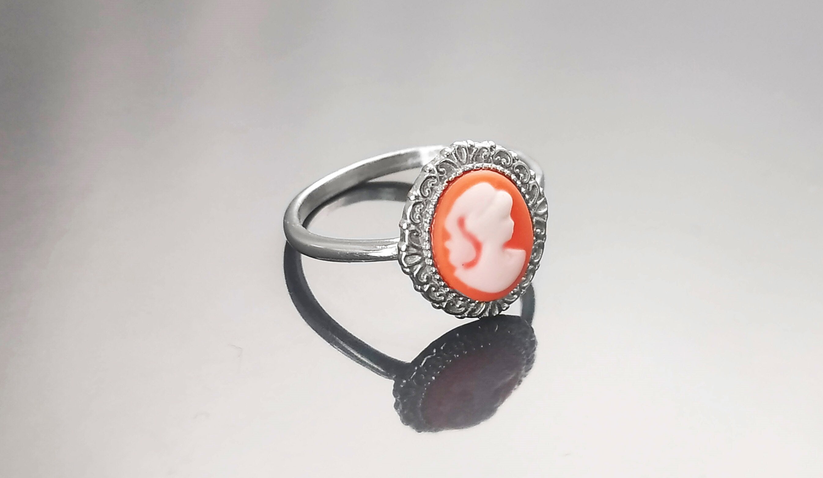 Cameo Ring - Sterling Silver Red and white Resin Stone Cameo - Vintage Victorian Jewelry