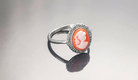 Cameo Ring - Sterling Silver Red and white Resin Stone Cameo - Vintage Victorian Jewelry