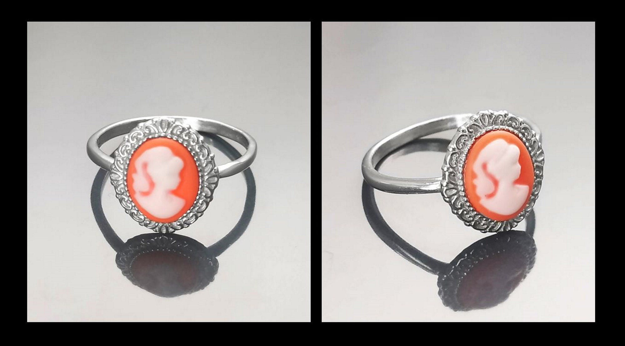 Cameo Ring - Sterling Silver Red and white Resin Stone Cameo - Vintage Victorian Jewelry