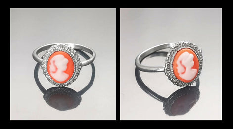Cameo Ring - Sterling Silver Red and white Resin Stone Cameo - Vintage Victorian Jewelry