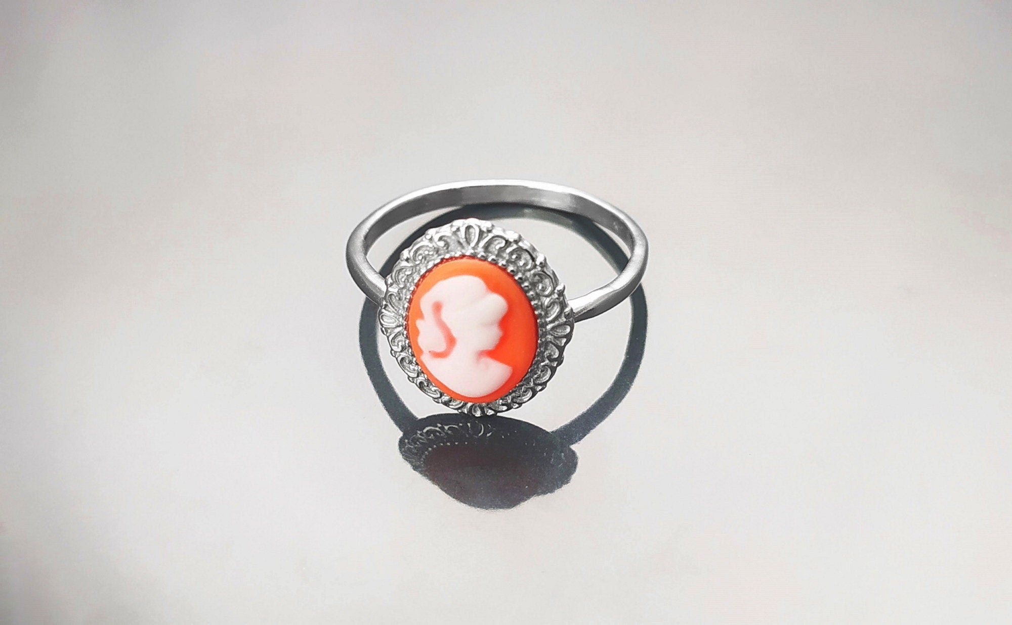 Cameo Ring - Sterling Silver Red and white Resin Stone Cameo - Vintage Victorian Jewelry