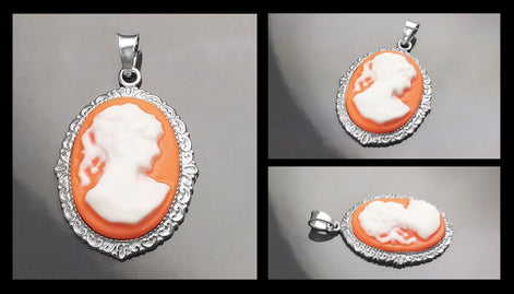 Cameo Earrings - Sterling Silver Red and white Resin stone - woman face portrait cameo - Vintage oval studs - Victorian Jewelry gift