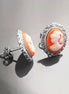 Cameo Earrings - Sterling Silver Red and white Resin stone - woman face portrait cameo - Vintage oval studs - Victorian Jewelry gift