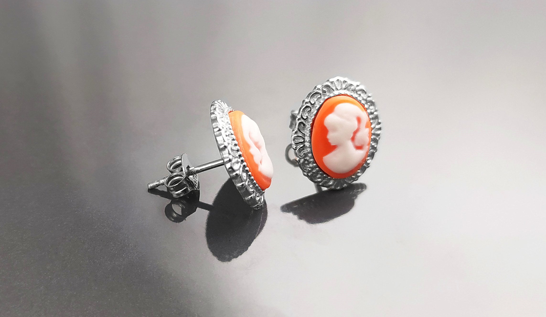 Cameo Earrings - Sterling Silver Red and white Resin stone - woman face portrait cameo - Vintage oval studs - Victorian Jewelry gift