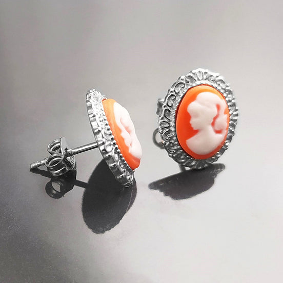 Cameo Earrings - Sterling Silver Red and white Resin stone - woman face portrait cameo - Vintage oval studs - Victorian Jewelry gift