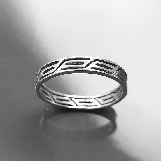 Openwork Band Ring, Sterling Silver, Unisex Modern Ring, Open Lace, Contemporary Greek Key Frieze, Women Men gift