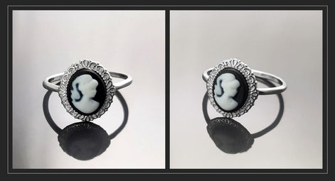 Cameo Ring - Sterling Silver Oval Black and white Resin Stone - woman face portrait cameo - Vintage band - Victorian Jewelry gift
