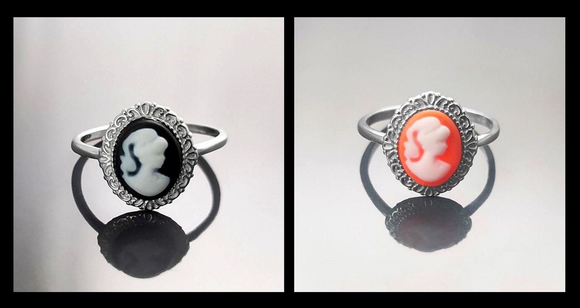 Cameo Ring - Sterling Silver Oval Black and white Resin Stone - woman face portrait cameo - Vintage band - Victorian Jewelry gift