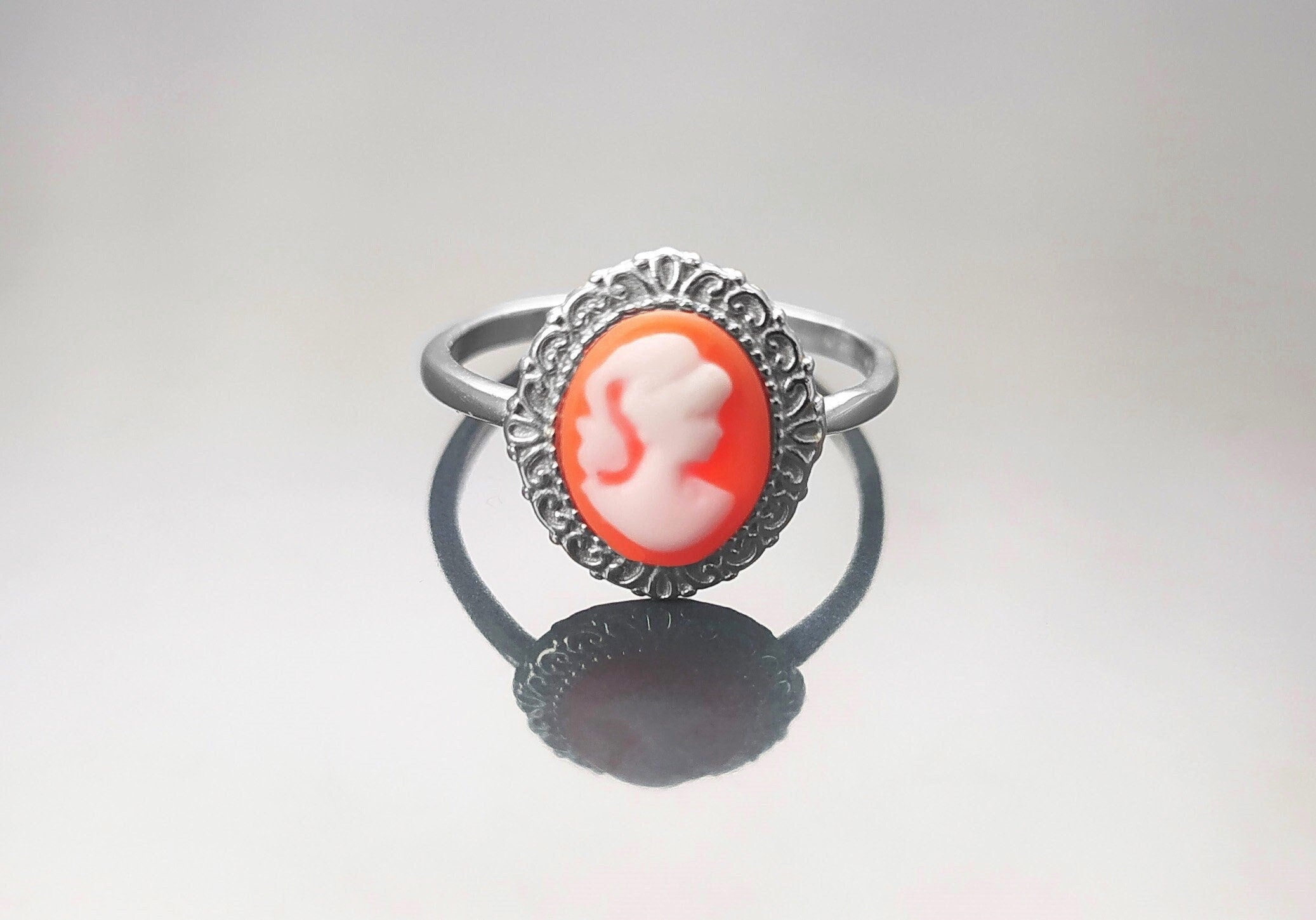 Cameo Ring - Sterling Silver Red and white Resin Stone Cameo - Vintage Victorian Jewelry