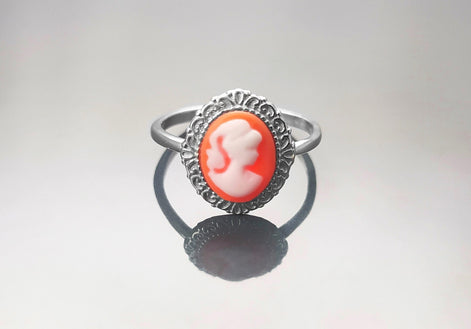 Cameo Ring - Sterling Silver Red and white Resin Stone Cameo - Vintage Victorian Jewelry