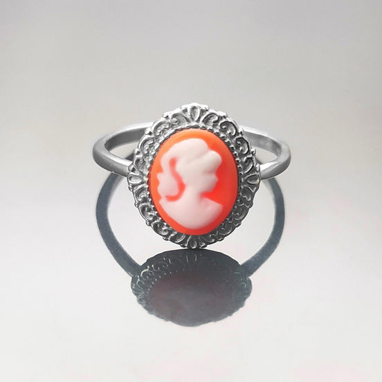 Cameo Ring - Sterling Silver Red and white Resin Stone Cameo - Vintage Victorian Jewelry