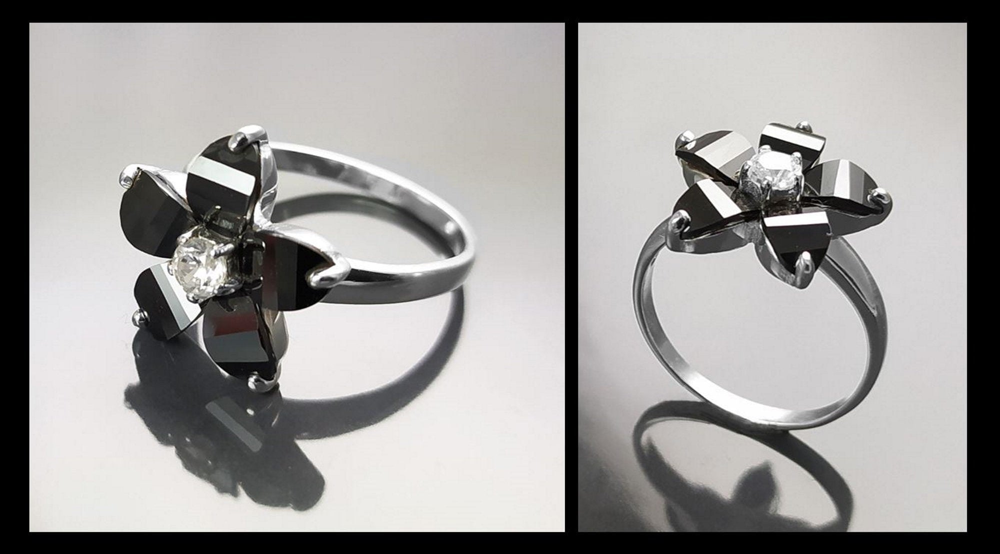 Black Flower Ring, Sterling Silver 925, Black color Zirconias Cz Stones, Bicolor Black and White, Modern Retro Gothic Jewelry