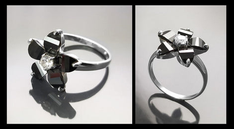 Black Flower Ring, Sterling Silver 925, Black color Zirconias Cz Stones, Bicolor Black and White, Modern Retro Gothic Jewelry