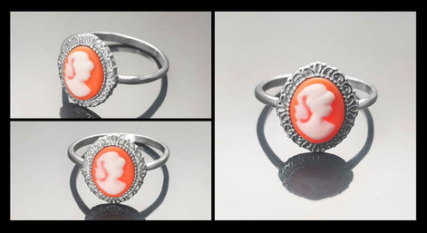 Cameo Ring - Sterling Silver Red and white Resin Stone Cameo - Vintage Victorian Jewelry