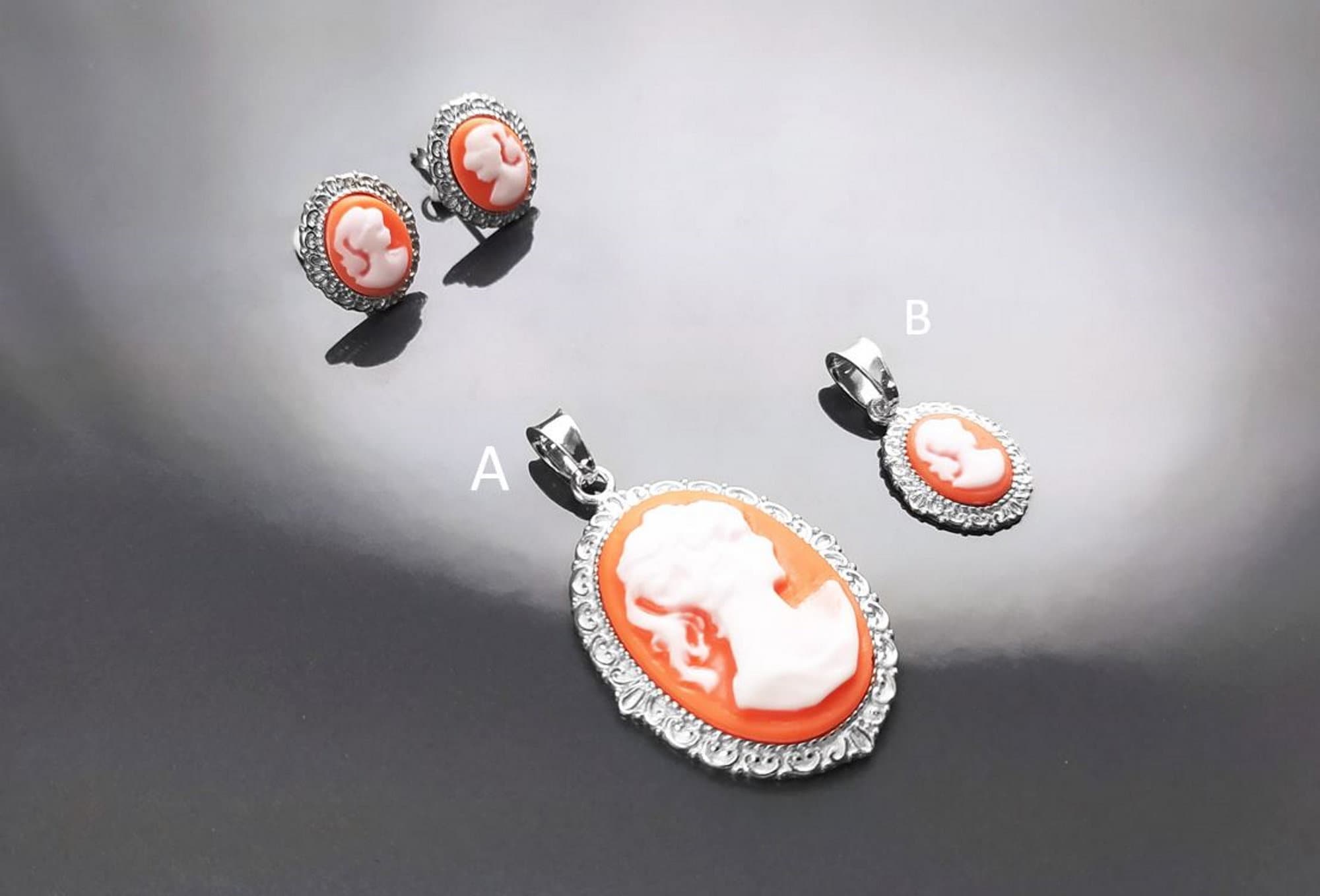 Cameo Earrings - Sterling Silver Red and white Resin stone - woman face portrait cameo - Vintage oval studs - Victorian Jewelry gift