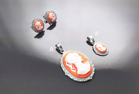 Cameo Earrings - Sterling Silver Red and white Resin stone - woman face portrait cameo - Vintage oval studs - Victorian Jewelry gift