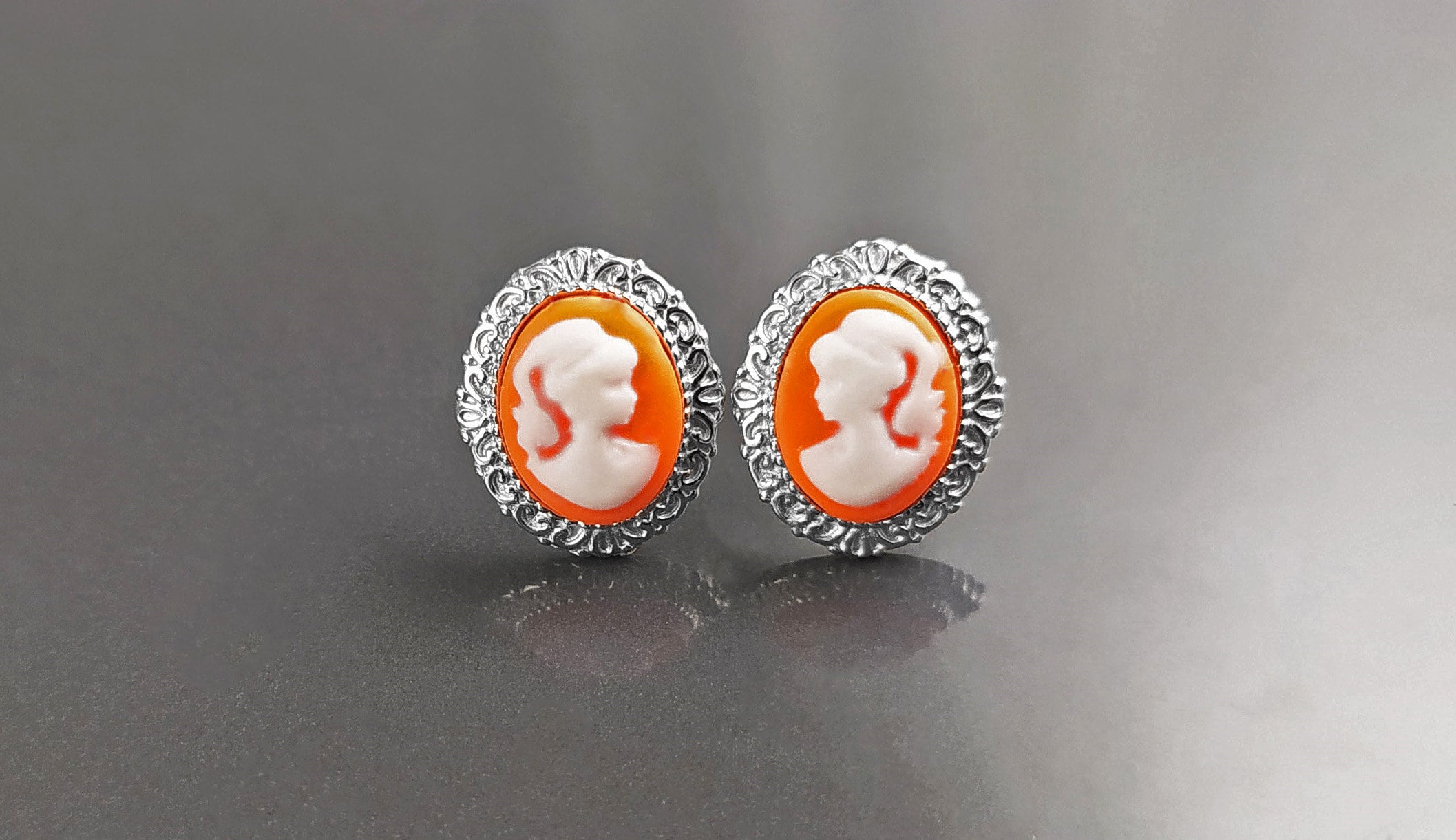 Cameo Earrings - Sterling Silver Red and white Resin stone - woman face portrait cameo - Vintage oval studs - Victorian Jewelry gift