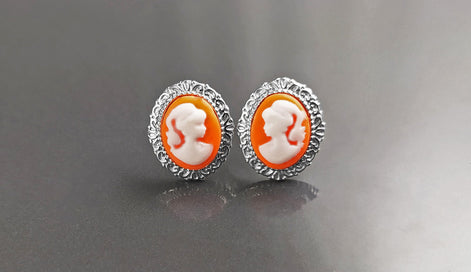 Cameo Earrings - Sterling Silver Red and white Resin stone - woman face portrait cameo - Vintage oval studs - Victorian Jewelry gift