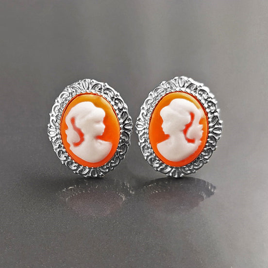 Cameo Earrings - Sterling Silver Red and white Resin stone - woman face portrait cameo - Vintage oval studs - Victorian Jewelry gift