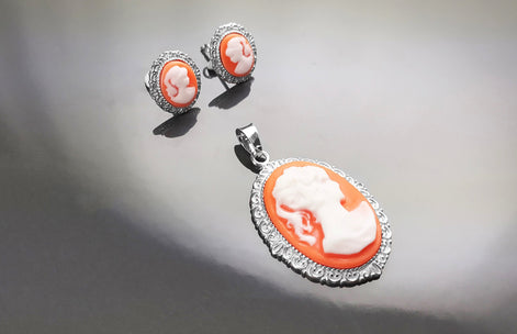 Cameo Earrings - Sterling Silver Red and white Resin stone - woman face portrait cameo - Vintage oval studs - Victorian Jewelry gift