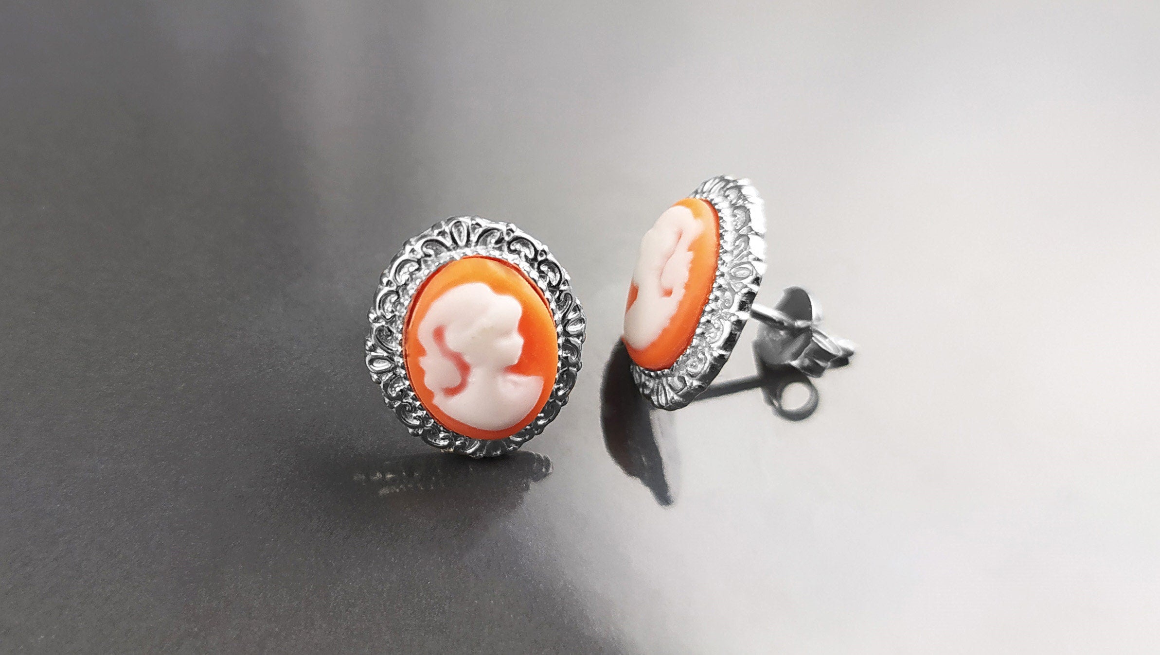Cameo Earrings - Sterling Silver Red and white Resin stone - woman face portrait cameo - Vintage oval studs - Victorian Jewelry gift