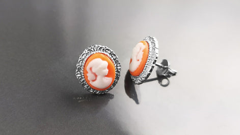 Cameo Earrings - Sterling Silver Red and white Resin stone - woman face portrait cameo - Vintage oval studs - Victorian Jewelry gift