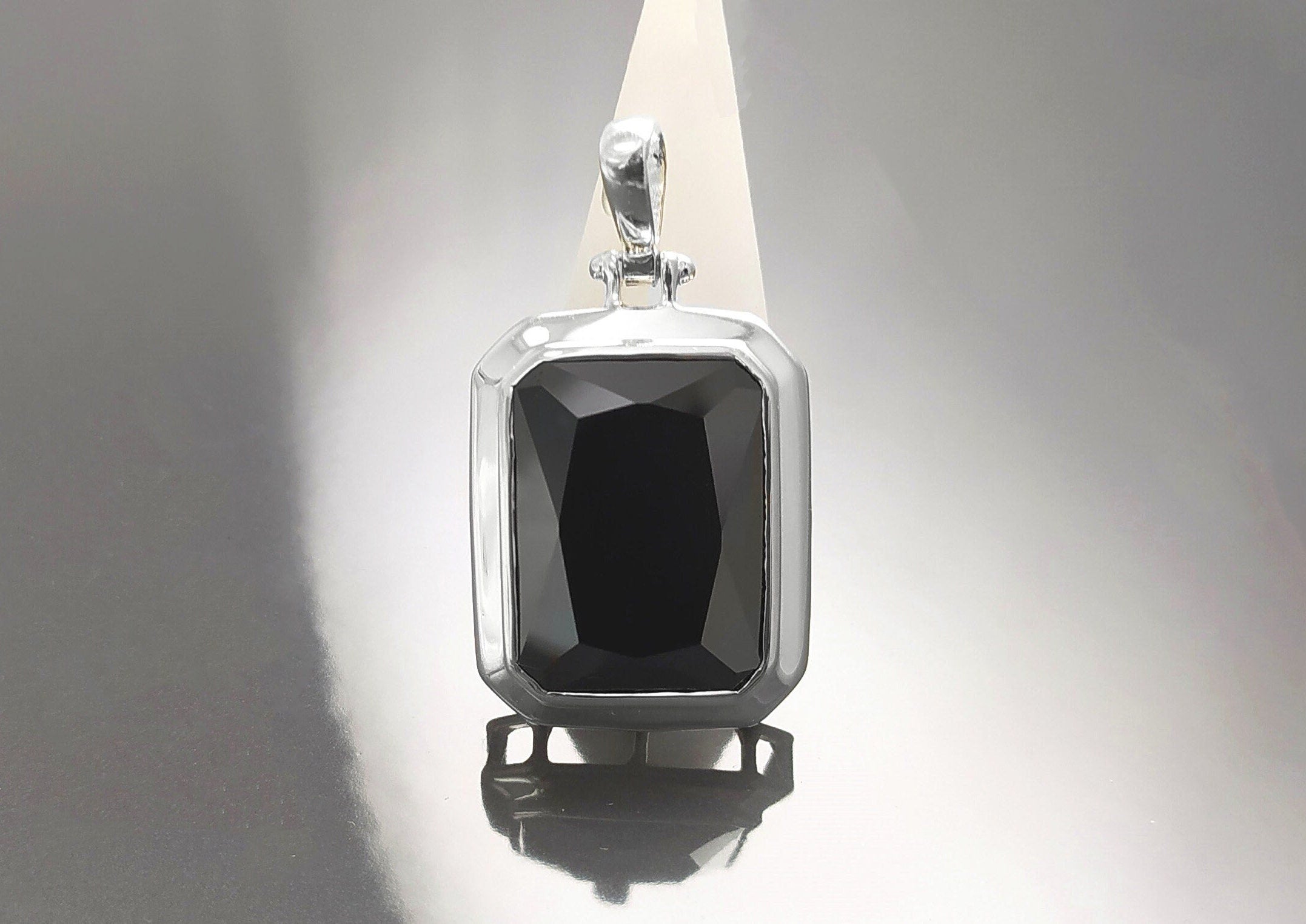 Black Rectangle Pendant, Sterling Silver Jewelry, Big Cz Stone, Deep Dark Black Color, Statement Rectangle Necklace, Unisex Women Gift