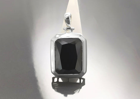 Black Rectangle Pendant, Sterling Silver Jewelry, Big Cz Stone, Deep Dark Black Color, Statement Rectangle Necklace, Unisex Women Gift