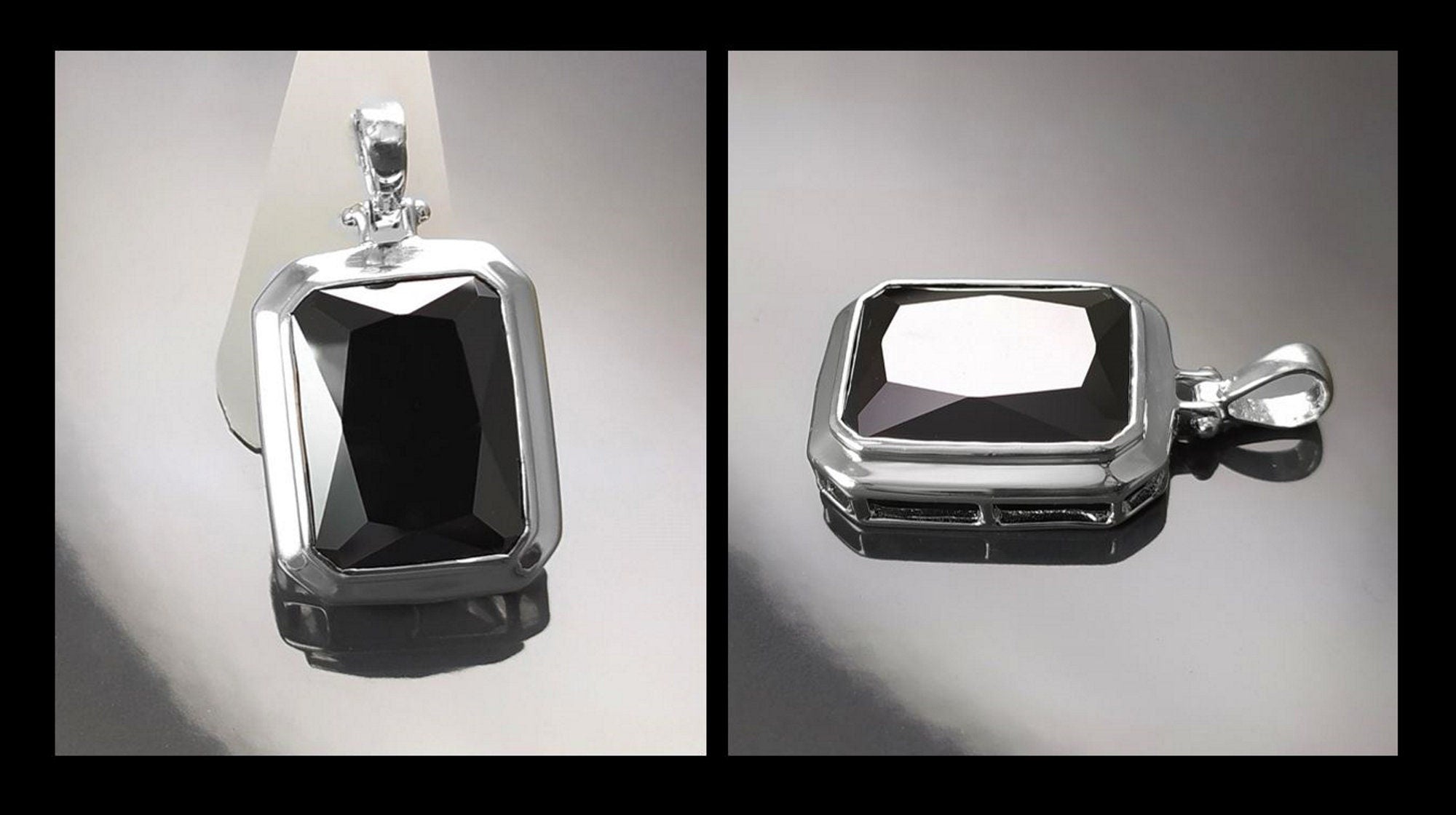 Black Rectangle Pendant, Sterling Silver Jewelry, Big Cz Stone, Deep Dark Black Color, Statement Rectangle Necklace, Unisex Women Gift