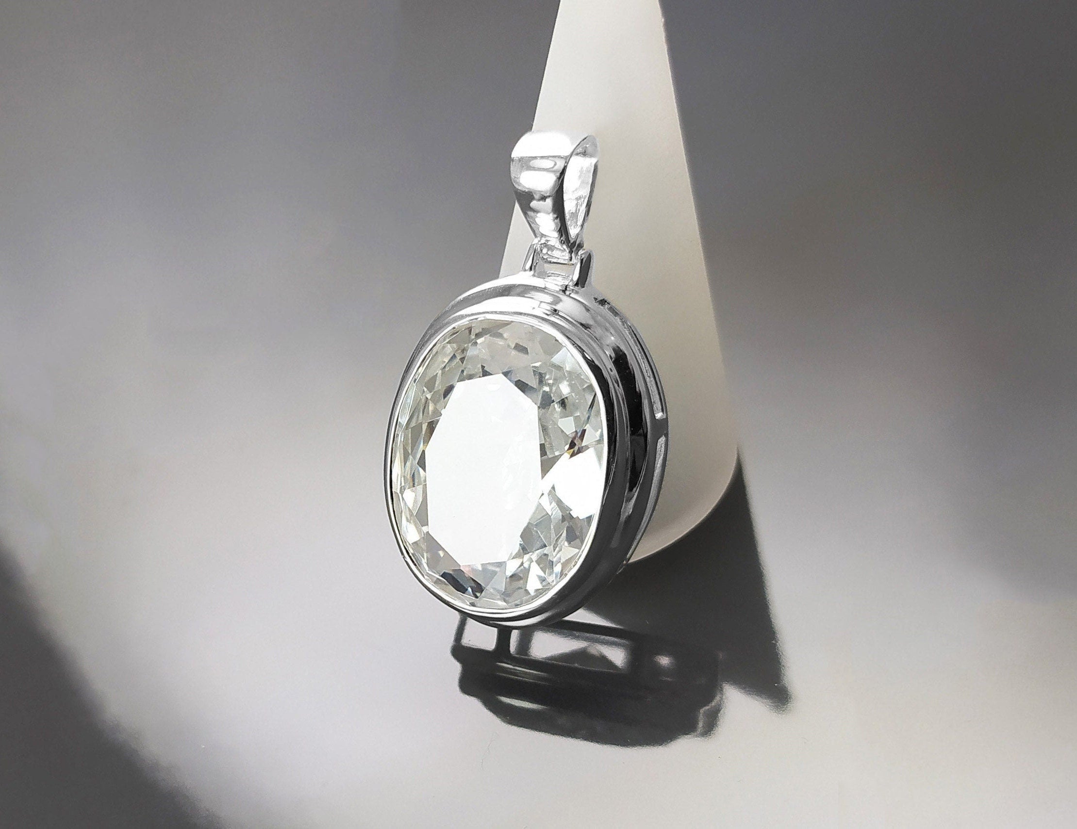 Oval White Pendant, Sterling Silver, Diamond Color Cubic Zirconia Cz , StatementModern Oval Pendant Necklace, Bold jewelry
