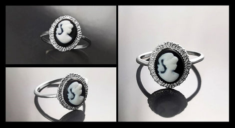 Cameo Ring - Sterling Silver Oval Black and white Resin Stone - woman face portrait cameo - Vintage band - Victorian Jewelry gift