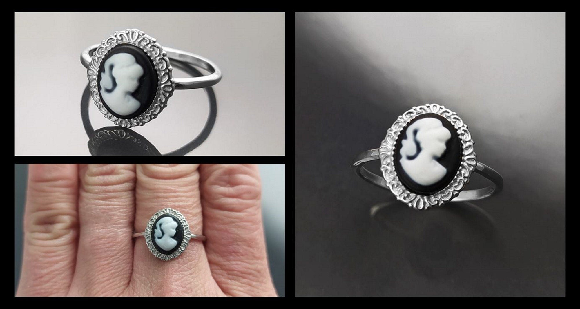 Cameo Ring - Sterling Silver Oval Black and white Resin Stone - woman face portrait cameo - Vintage band - Victorian Jewelry gift