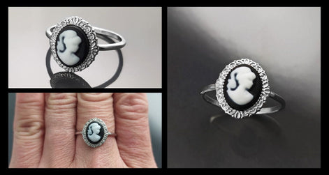 Cameo Ring - Sterling Silver Oval Black and white Resin Stone - woman face portrait cameo - Vintage band - Victorian Jewelry gift