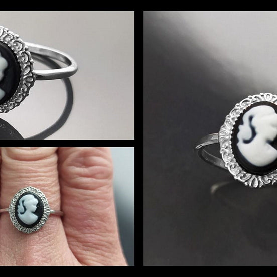 Cameo Ring - Sterling Silver Oval Black and white Resin Stone - woman face portrait cameo - Vintage band - Victorian Jewelry gift