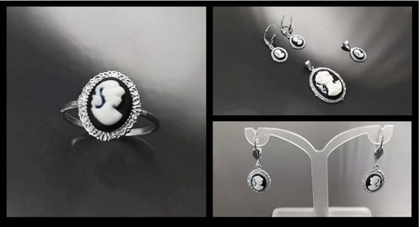 Cameo Ring - Sterling Silver Oval Black and white Resin Stone - woman face portrait cameo - Vintage band - Victorian Jewelry gift