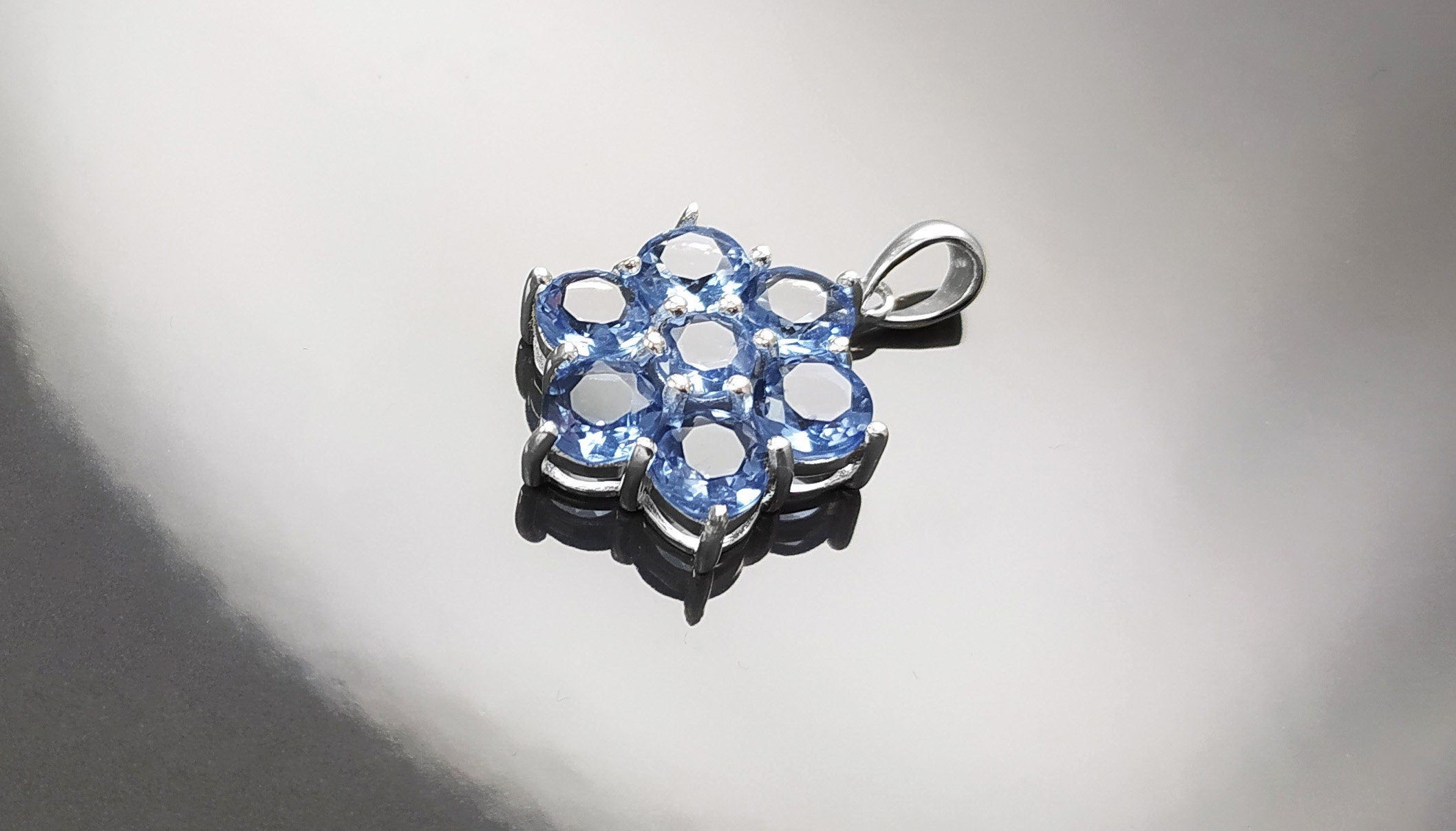 Topaz Blue Color Pendant, Sterling Silver 925, Intricate Design Jewelry, Flower Shape Stone, Sapphire Blue CZ Pendant, Silver Necklace