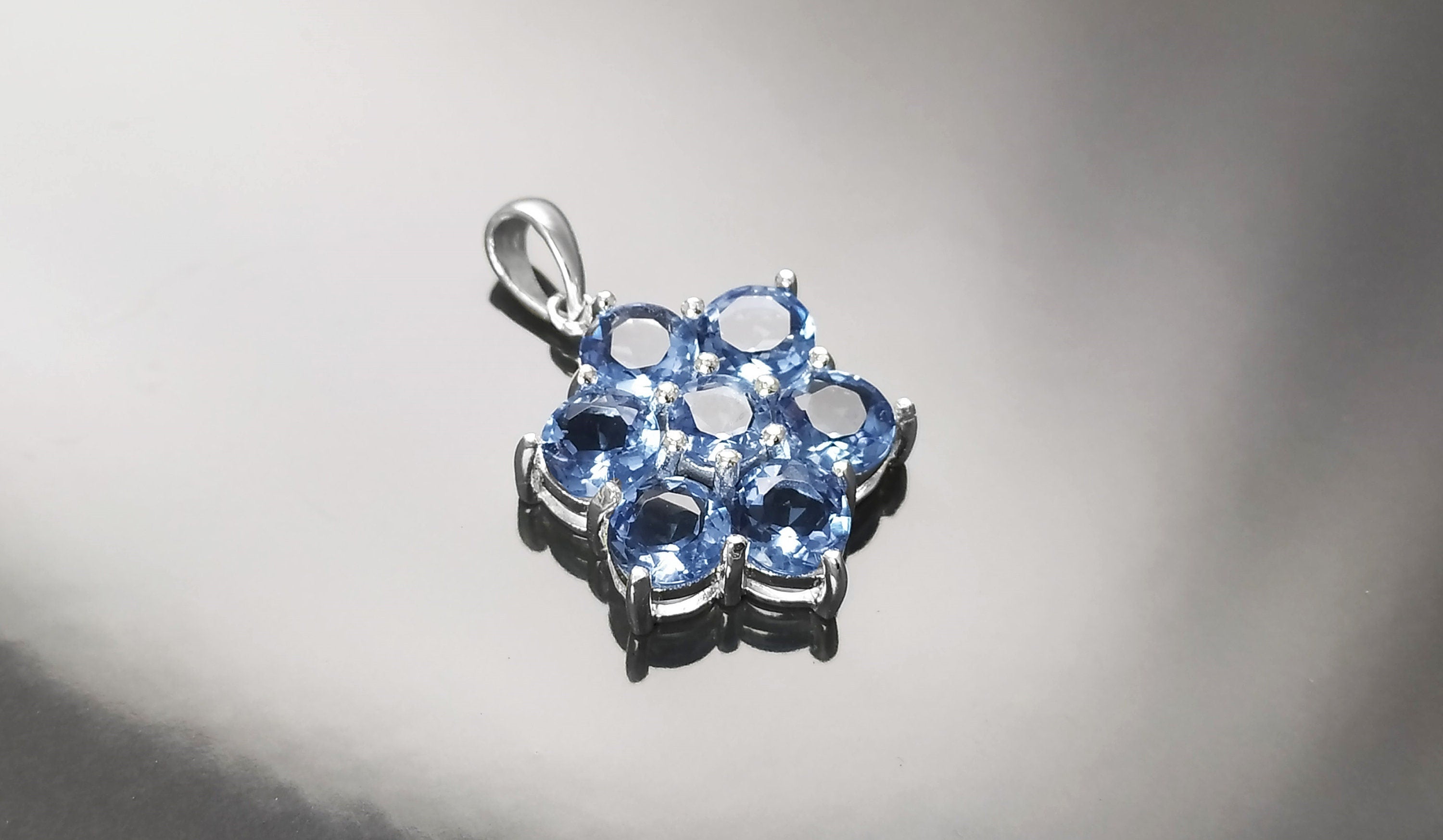 Topaz Blue Color Pendant, Sterling Silver 925, Intricate Design Jewelry, Flower Shape Stone, Sapphire Blue CZ Pendant, Silver Necklace