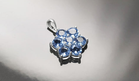 Topaz Blue Color Pendant, Sterling Silver 925, Intricate Design Jewelry, Flower Shape Stone, Sapphire Blue CZ Pendant, Silver Necklace