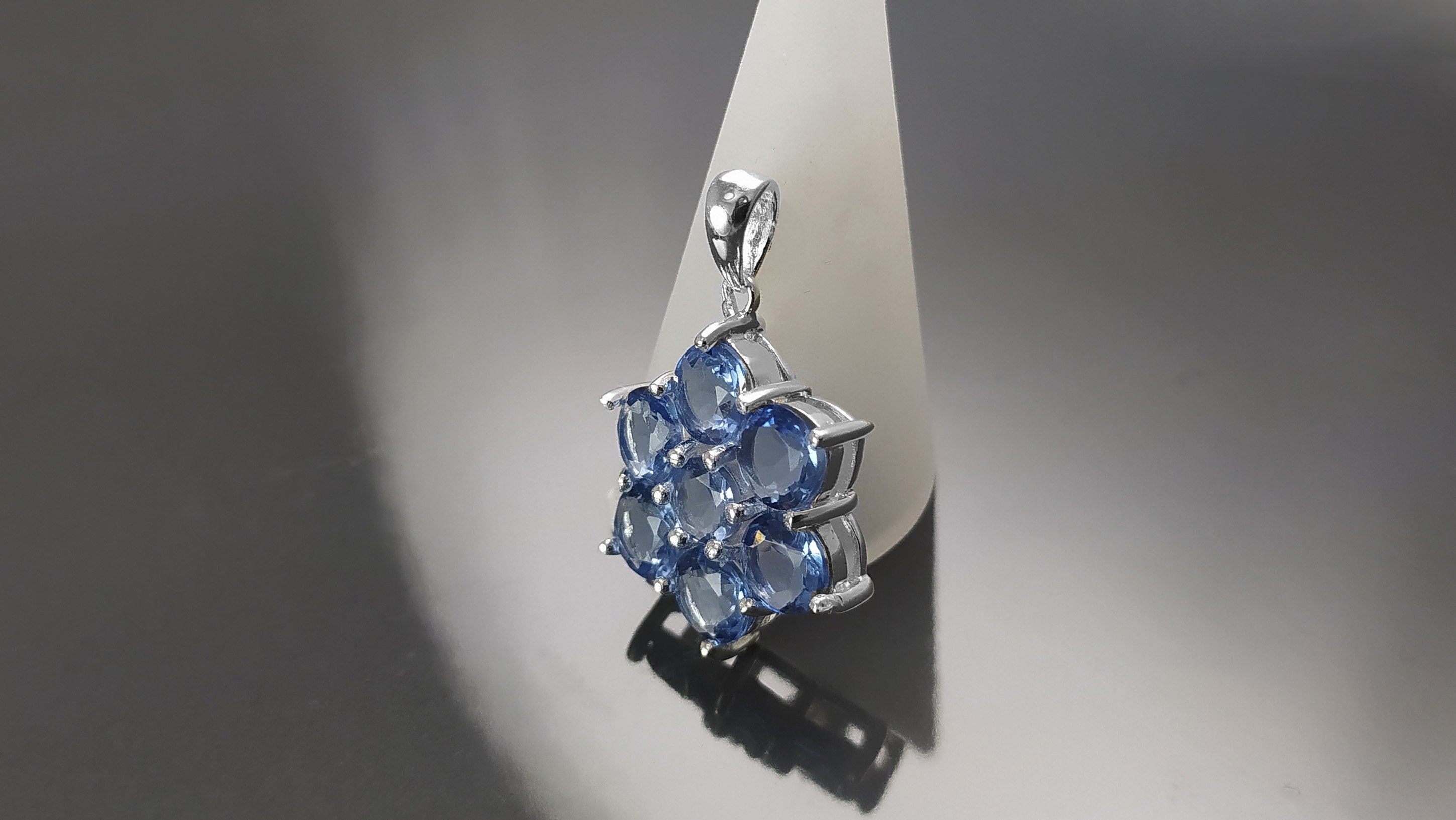 Topaz Blue Color Pendant, Sterling Silver 925, Intricate Design Jewelry, Flower Shape Stone, Sapphire Blue CZ Pendant, Silver Necklace