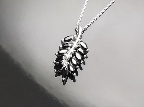 Sterling Silver Laurel Leaves Pendant, Black Lab CZ Stones, Retro Olive Branch Charm